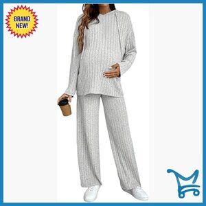 Maternity Lounge Set Ribbed Knit Hoodie Pants Pregnancy Outfit